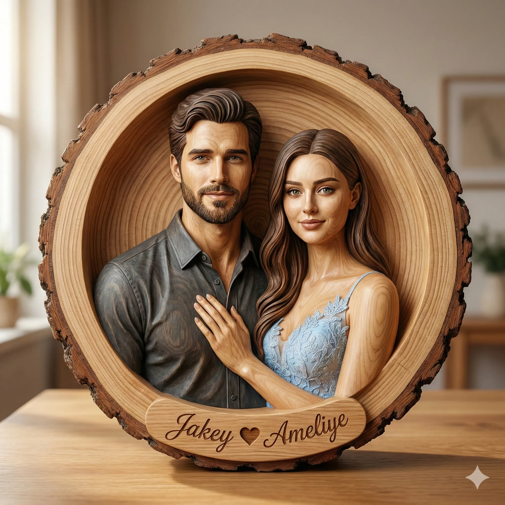 A 3D wood carving of a couple, Jakey and Ameliye, inside a circular log frame. The piece features intricate wood grain textures and a personalized nameplate, creating a warm, rustic portrait.