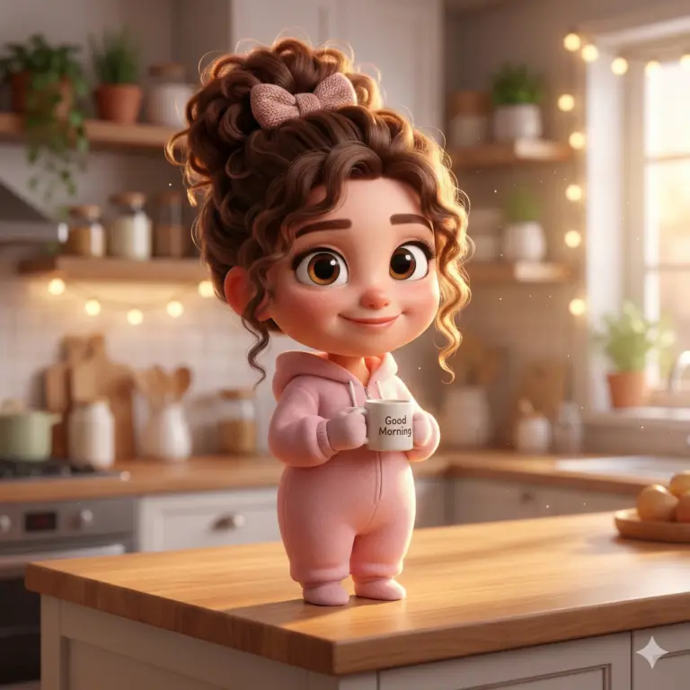 3D Pixar Style Good Morning Prompt. AI generated 3D digital illustration of a cute, curly-haired girl in a pink romper holding a "Good Morning" mug in a sunlit kitchen.