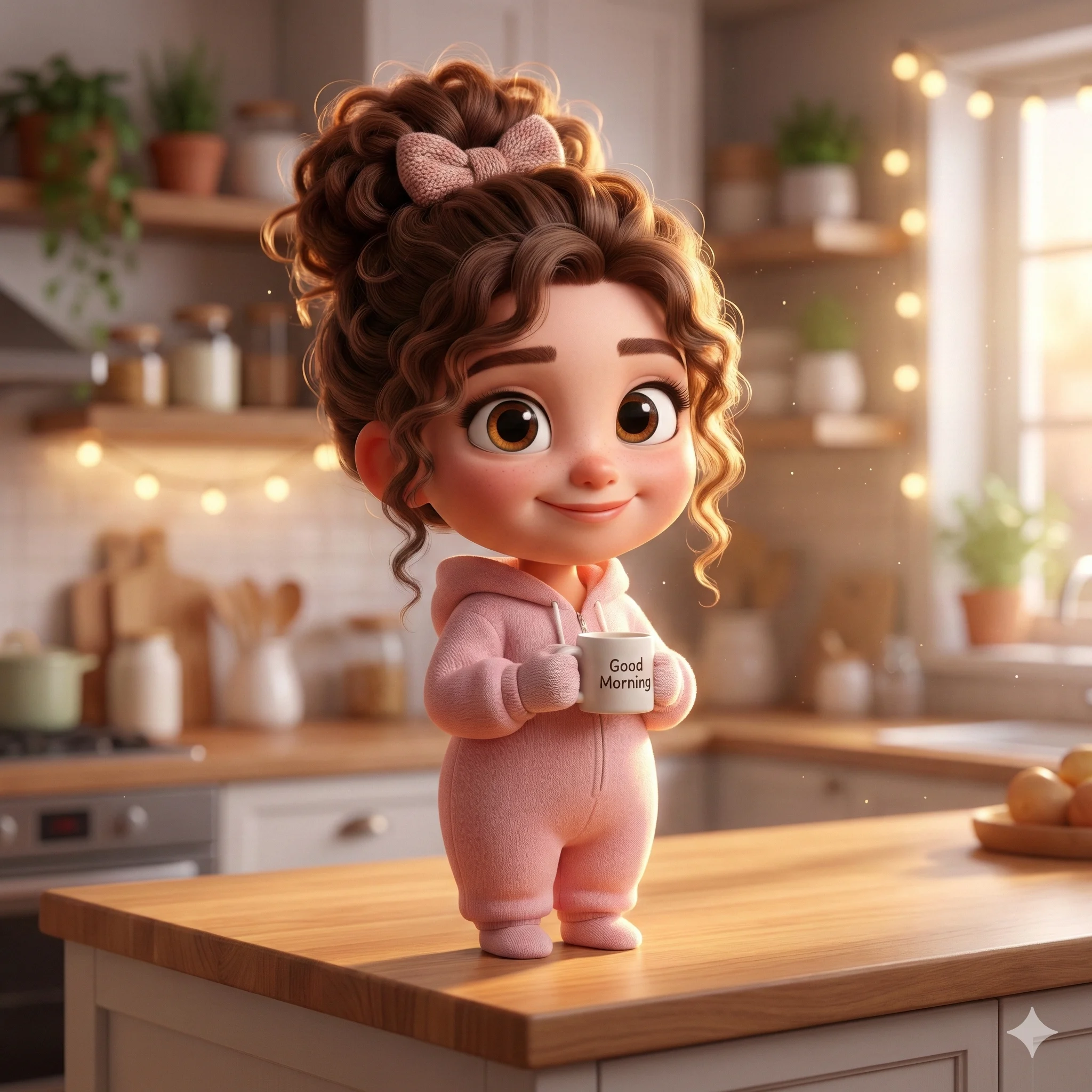 3D Pixar Style Good Morning Prompt. AI generated 3D digital illustration of a cute, curly-haired girl in a pink romper holding a "Good Morning" mug in a sunlit kitchen.