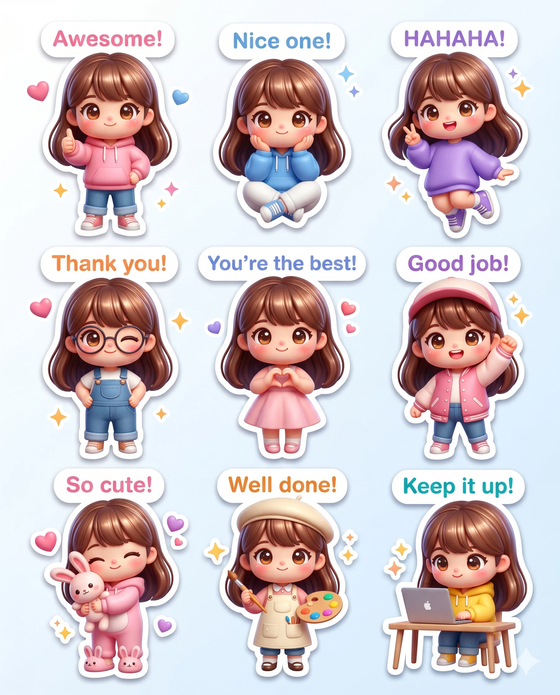Cute Chibi Girl Figures AI Photo Editing Prompt. AI generated digital illustration of a grid collection featuring nine distinct adorable chibi girl figures, each presenting a different pose, costume, and positive text reaction bubble.
