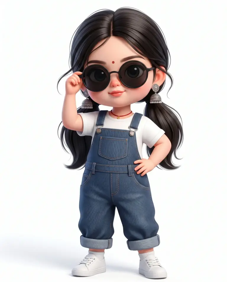 Cute 3D animated girl with pigtails wearing sunglasses and denim overalls.