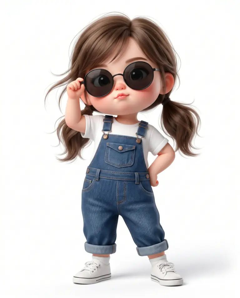 Cute Girl in Overalls AI Photo Editing Prompt. AI generated 3D illustration of a cute little girl with pigtails wearing round sunglasses, a white t-shirt, and blue denim overalls.