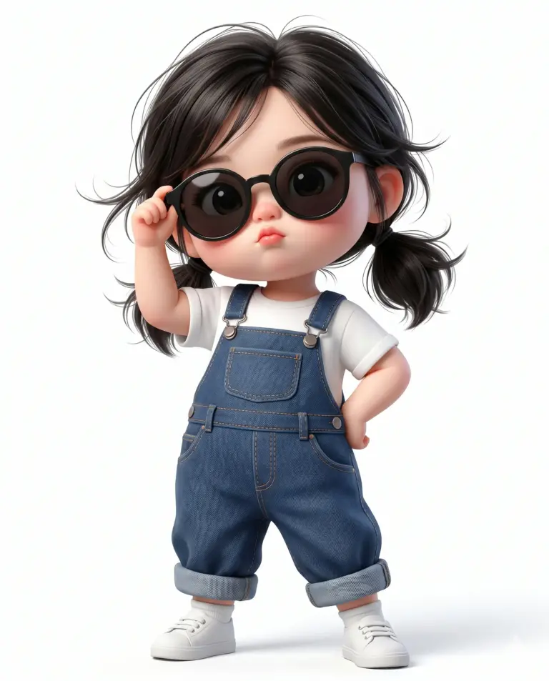 Cute Chibi 3D Girl Character Design Prompt. AI generated 3D digital illustration of a stylish little girl with pigtails adjusting her round sunglasses, wearing denim overalls.