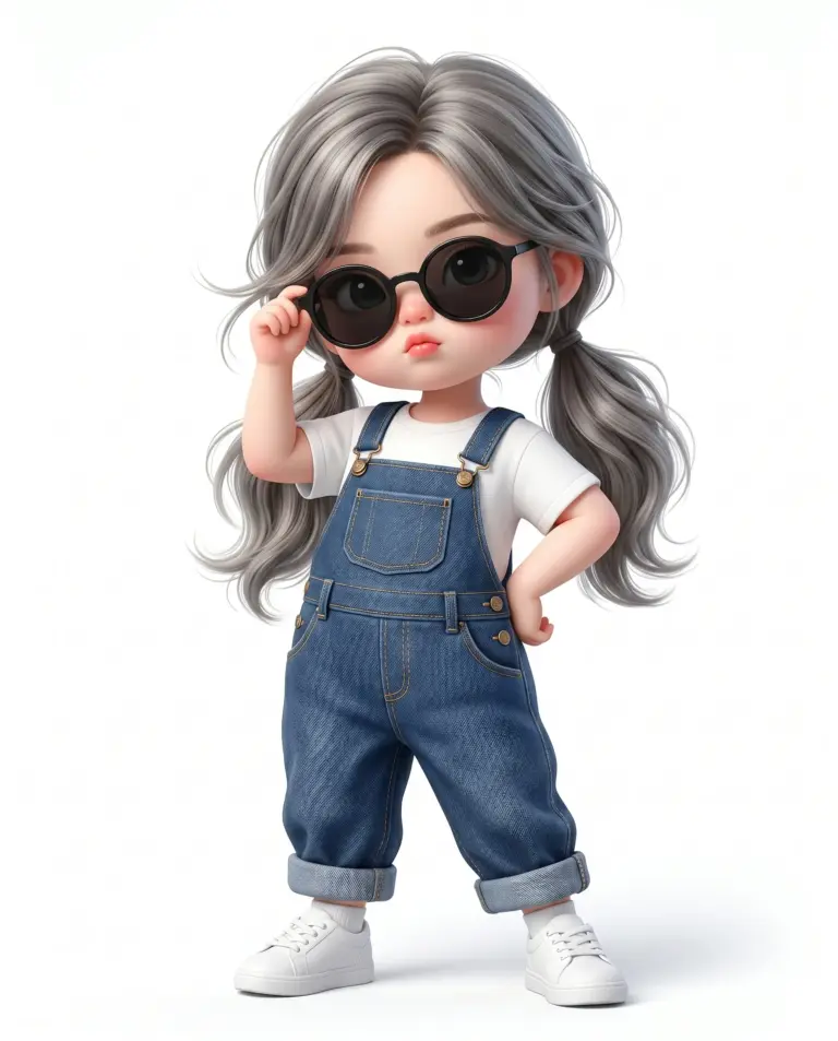3D cartoon character of a cute little girl with silver hair wearing denim overalls, a white t-shirt, and round sunglasses.