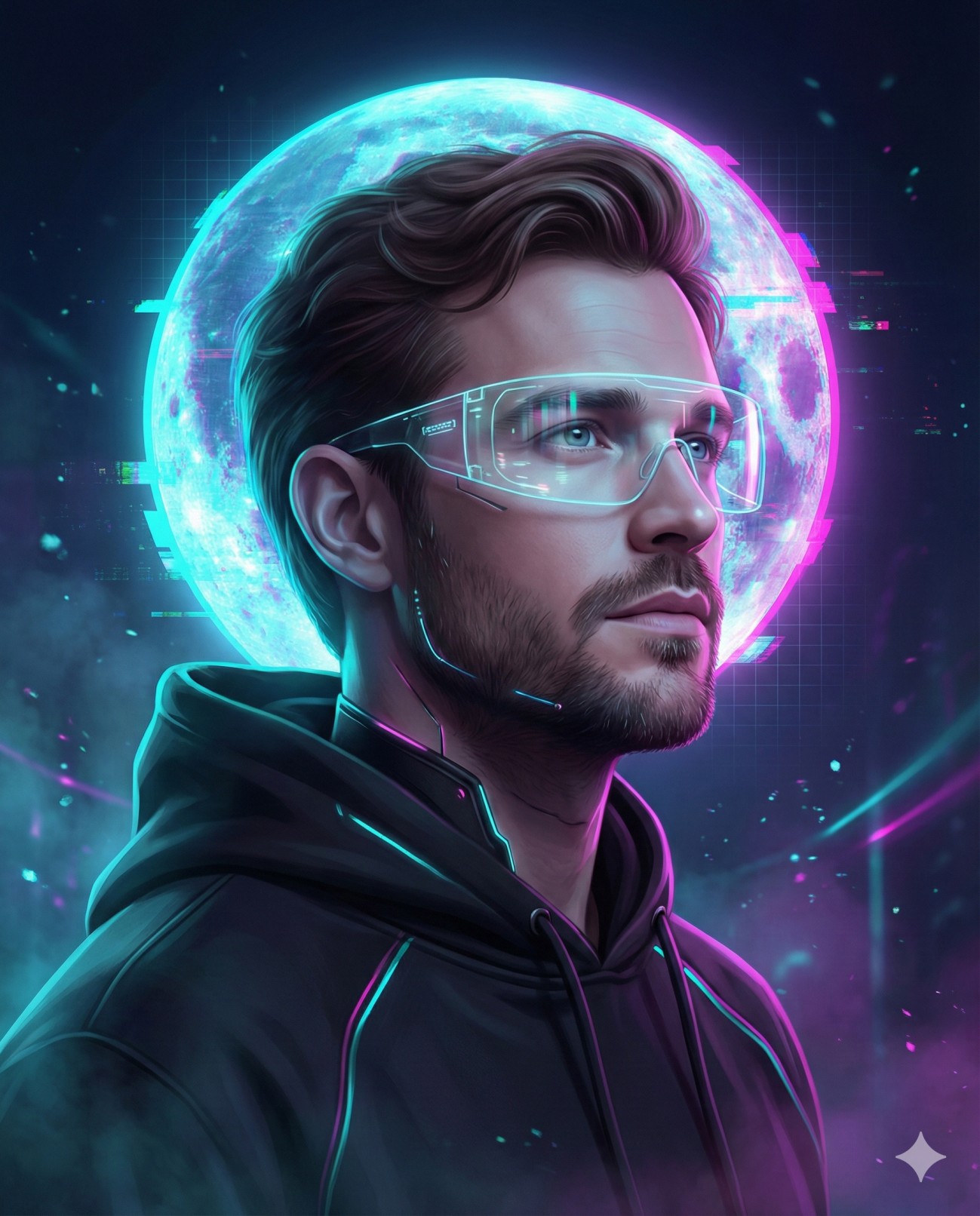 Gemini AI Generated Cyberpunk portrait of a man in neon glasses and a hoodie, haloed by a glowing glitchy moon. Vibrant cyan and magenta lighting fills the misty, futuristic atmosphere.