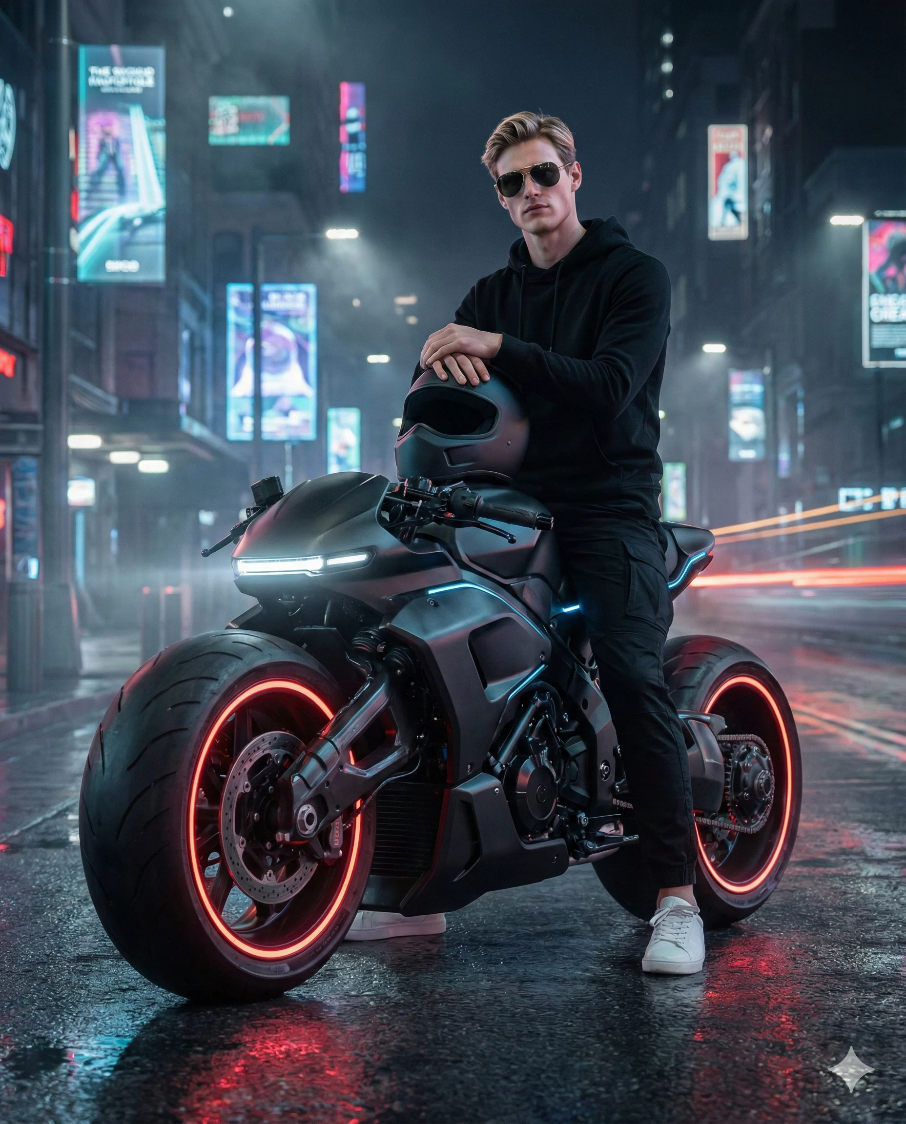 Cyberpunk Biker on Futuristic Motorcycle AI Photo Editing Prompt. AI generated cinematic digital illustration of a young man in a black hoodie and sunglasses posing on a matte black motorcycle with neon-glowing wheels in a rainy, futuristic city.