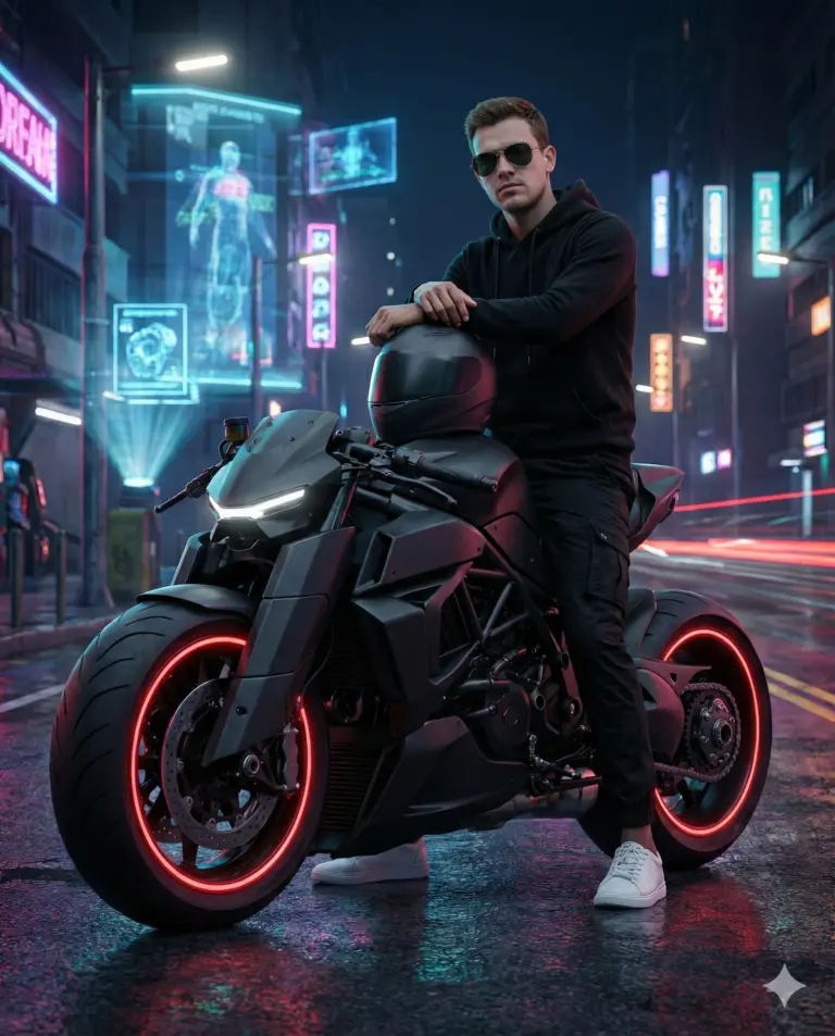 Cyberpunk Biker in Neon City AI Photo Editing Prompt. AI generated digital illustration of a man in a black hoodie and sunglasses posing with a futuristic motorcycle on a neon-lit urban street at night.