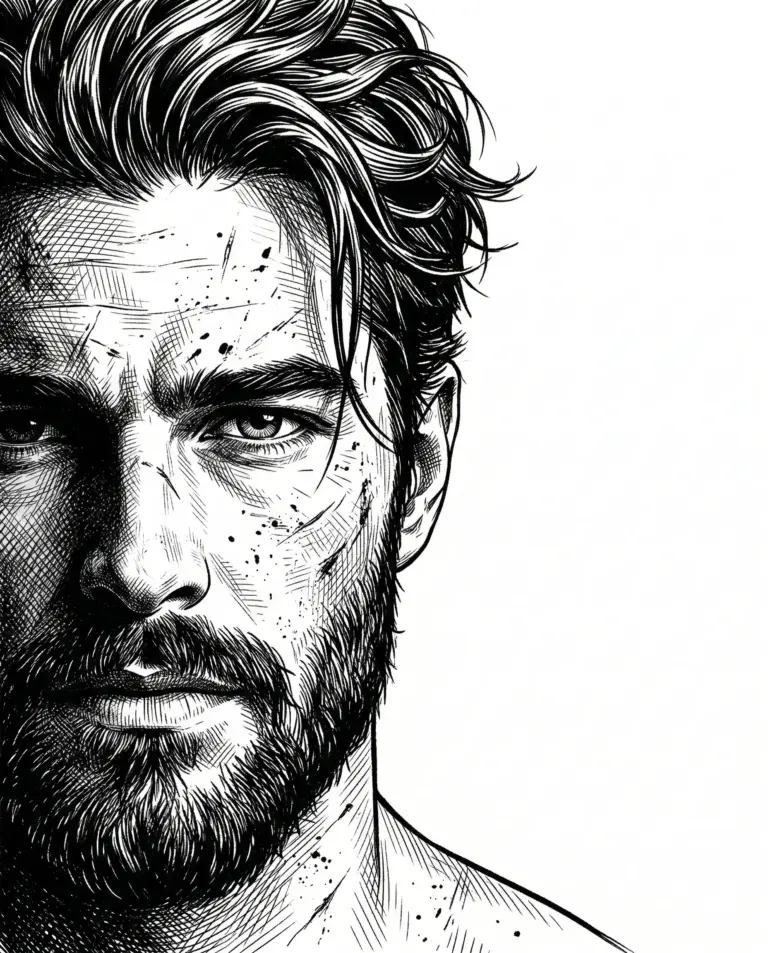 Bearded Man Ink Sketch AI Art Prompt. AI generated detailed ink sketch illustration of a rugged bearded man with messy hair and an intense gaze.