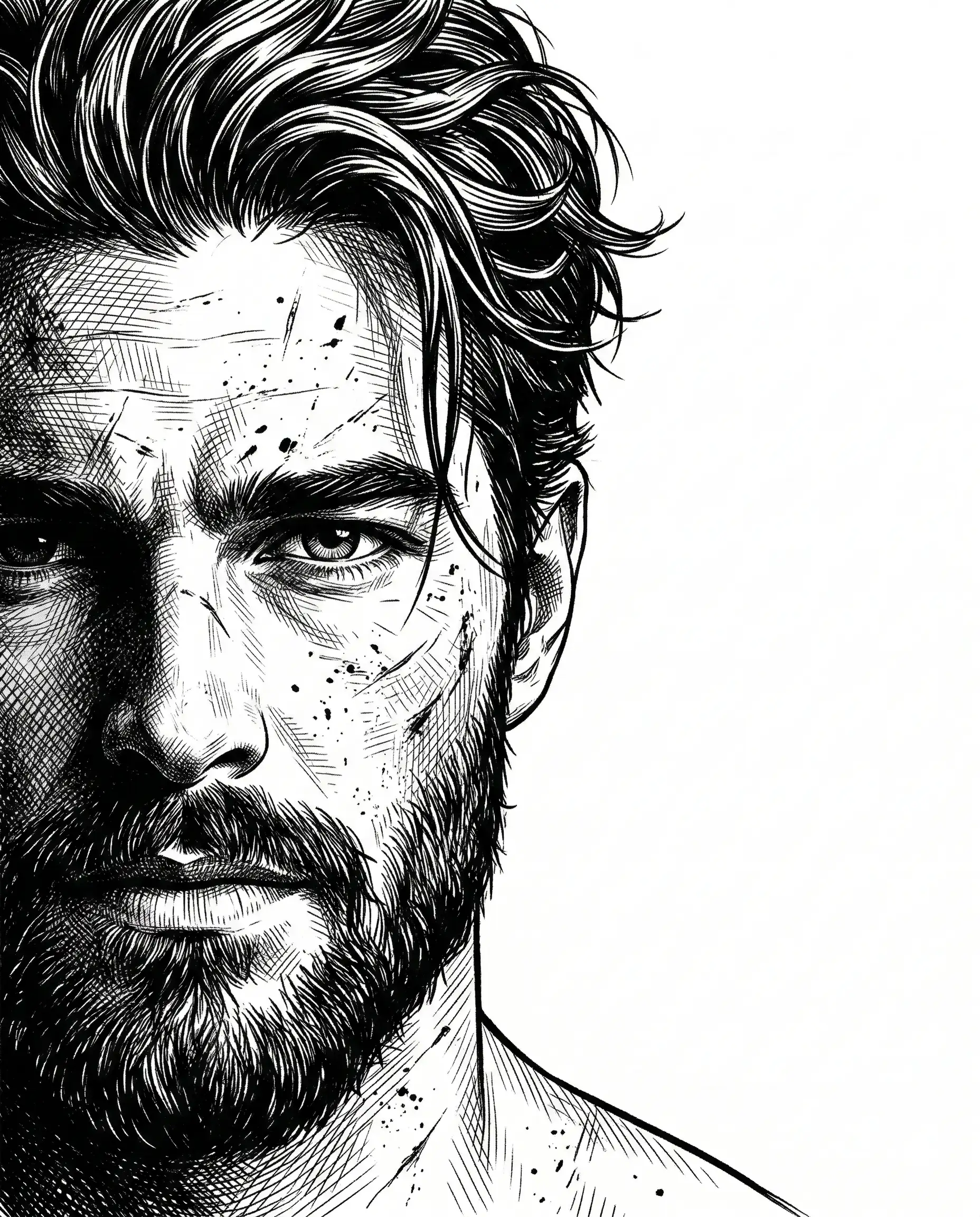 Bearded Man Ink Sketch AI Art Prompt. AI generated detailed ink sketch illustration of a rugged bearded man with messy hair and an intense gaze.