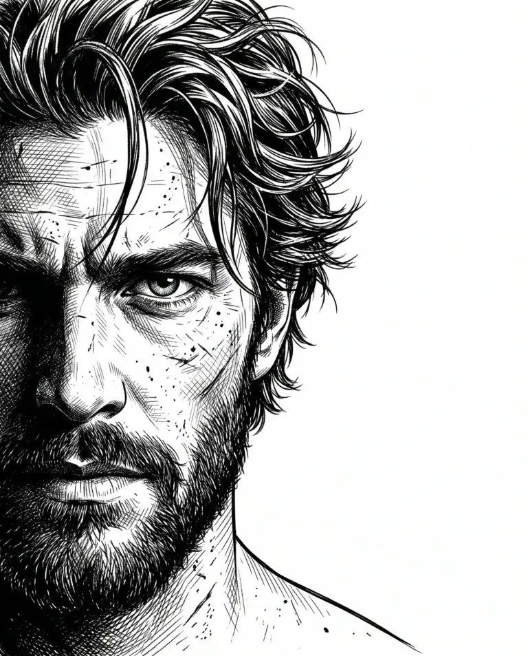 Man Ink Sketch AI Photo Editing Prompt. AI generated digital illustration of a rugged man's face featuring high-contrast pen-and-ink cross-hatching and an intense gaze.