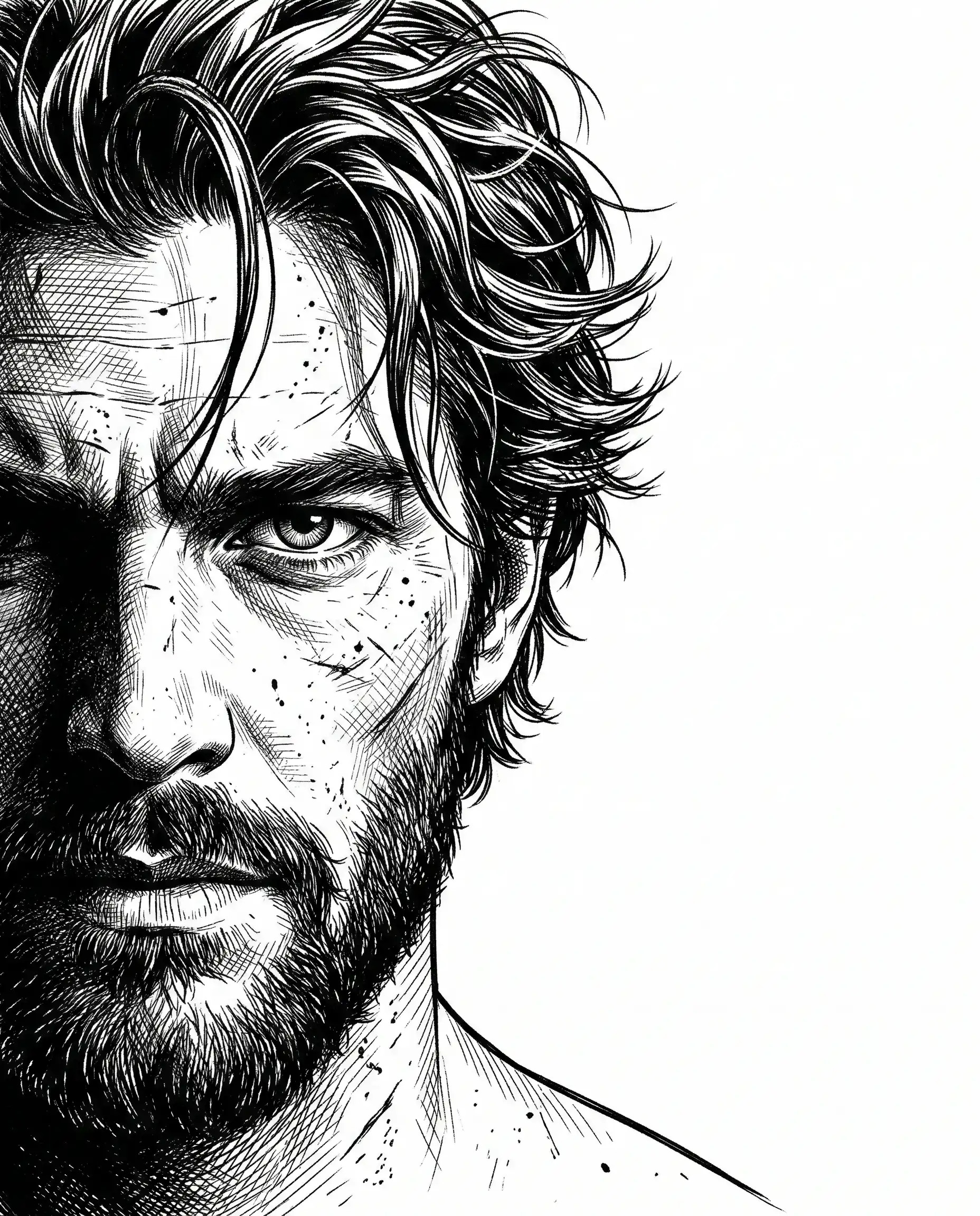Man Ink Sketch AI Photo Editing Prompt. AI generated digital illustration of a rugged man's face featuring high-contrast pen-and-ink cross-hatching and an intense gaze.