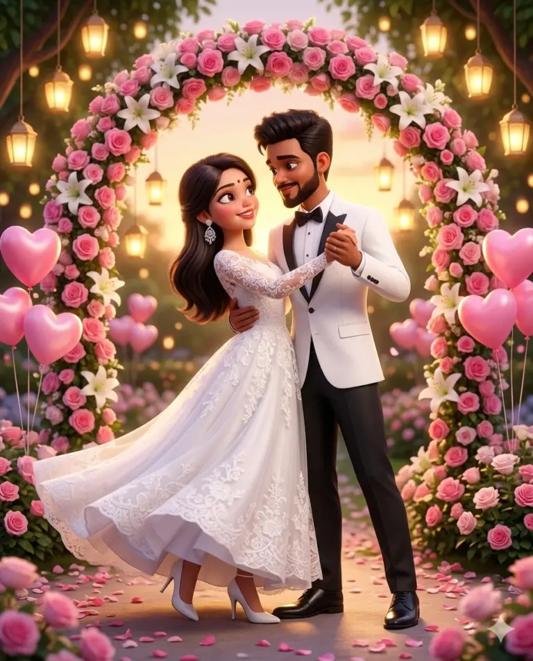 Couple Wedding Dance AI Photo Editing Prompt. AI generated 3D illustration of a couple dancing under a rose arch with heart balloons.