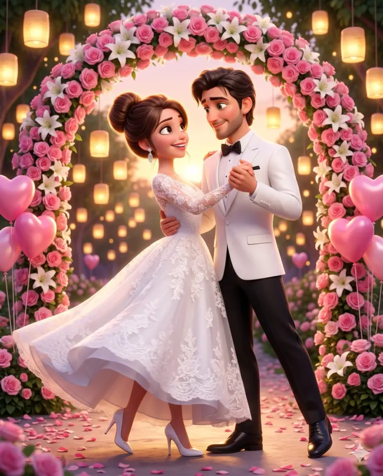 Animated Wedding Couple Dancing AI Photo Editing Prompt. AI generated 3D digital illustration of a bride in a flowing lace gown and a groom in a white tuxedo dancing happily under a pink floral arch.