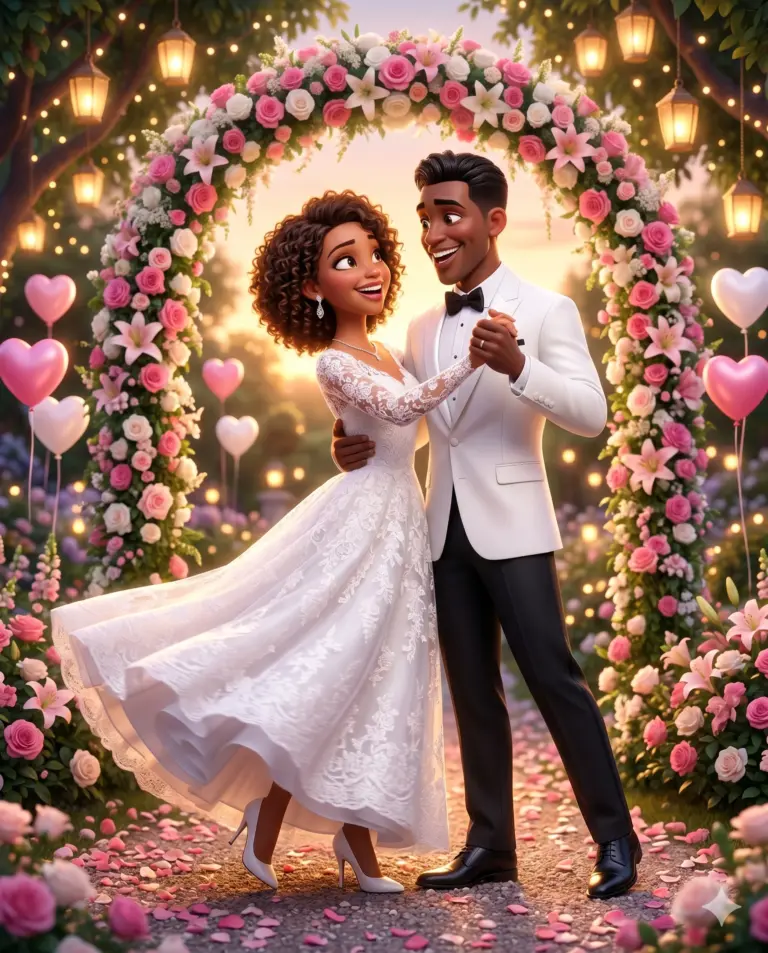 Bride and Groom Dancing under Floral Arch AI Photo Editing Prompt. AI generated digital illustration of a smiling newlywed couple in wedding attire dancing joyfully on a rose petal path beneath a magnificent floral arch at sunset.
