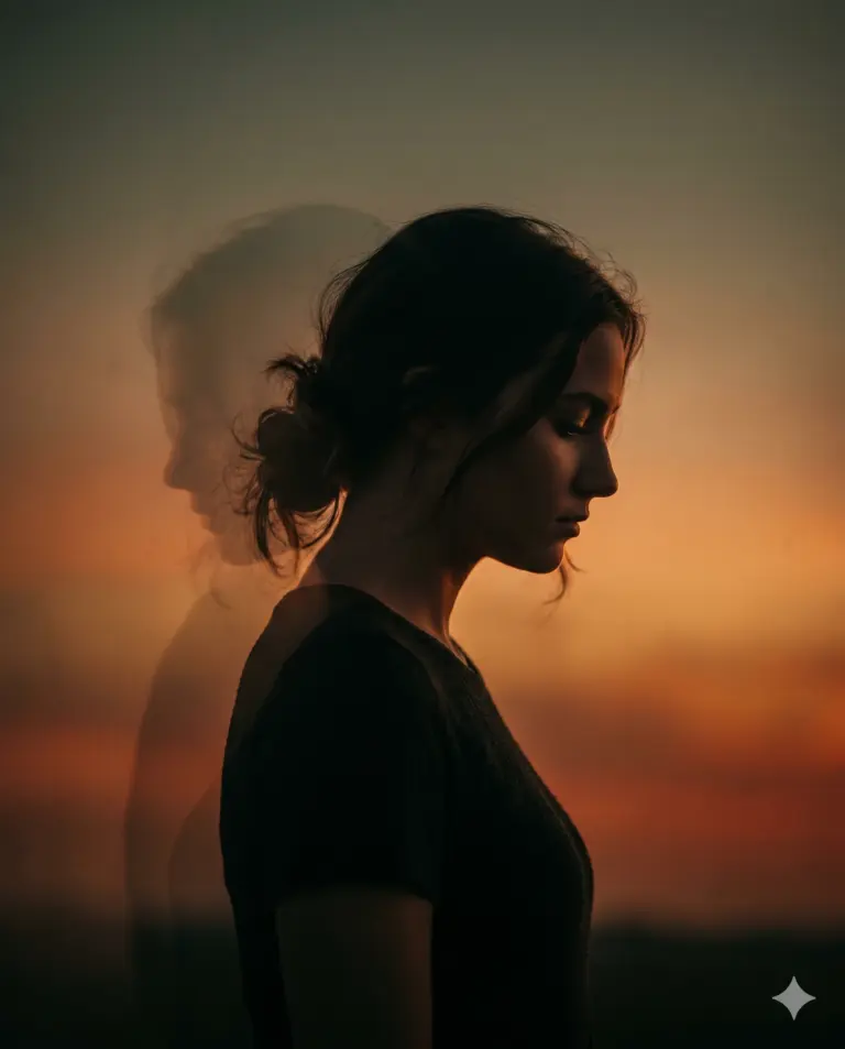 Sunset Double Exposure Portrait AI Photo Editing Prompt. AI generated cinematic portrait of a woman's side profile featuring a faded ghosting effect against a warm orange sunset sky.