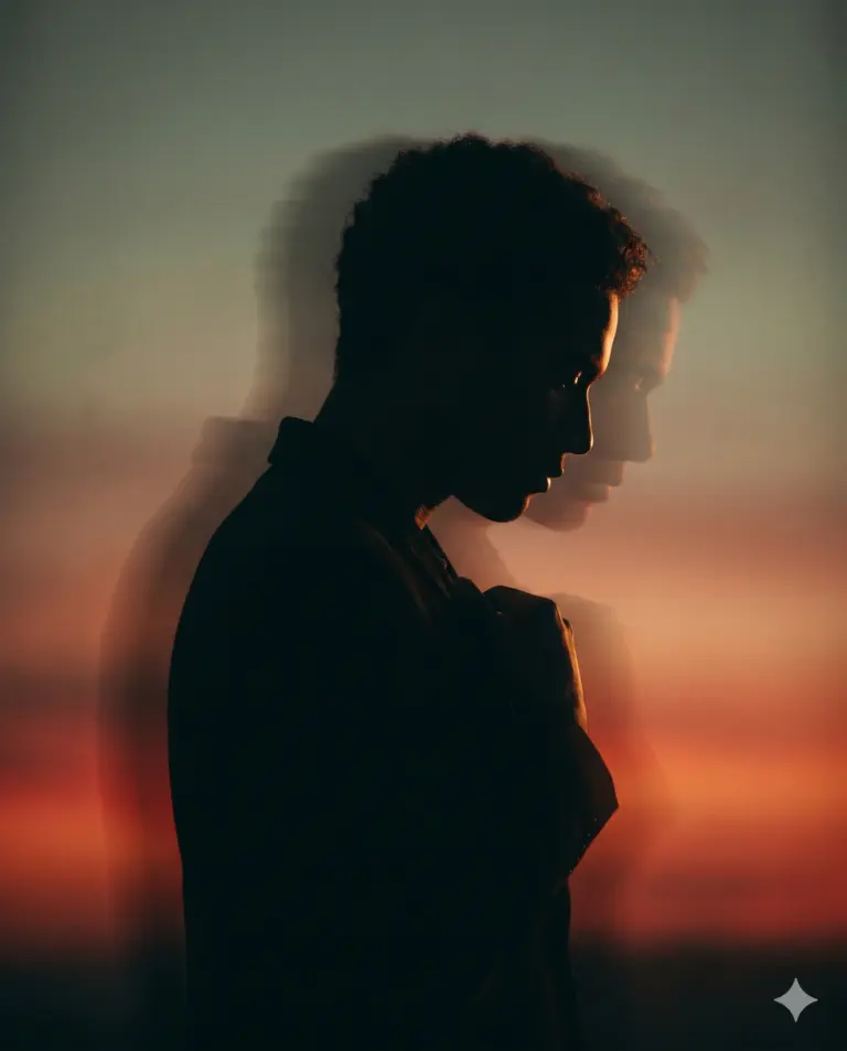 Double Exposure Sunset Silhouette AI Photo Editing Prompt. AI generated double exposure portrait of a young man's dark silhouette layered against a warm orange sunset sky.