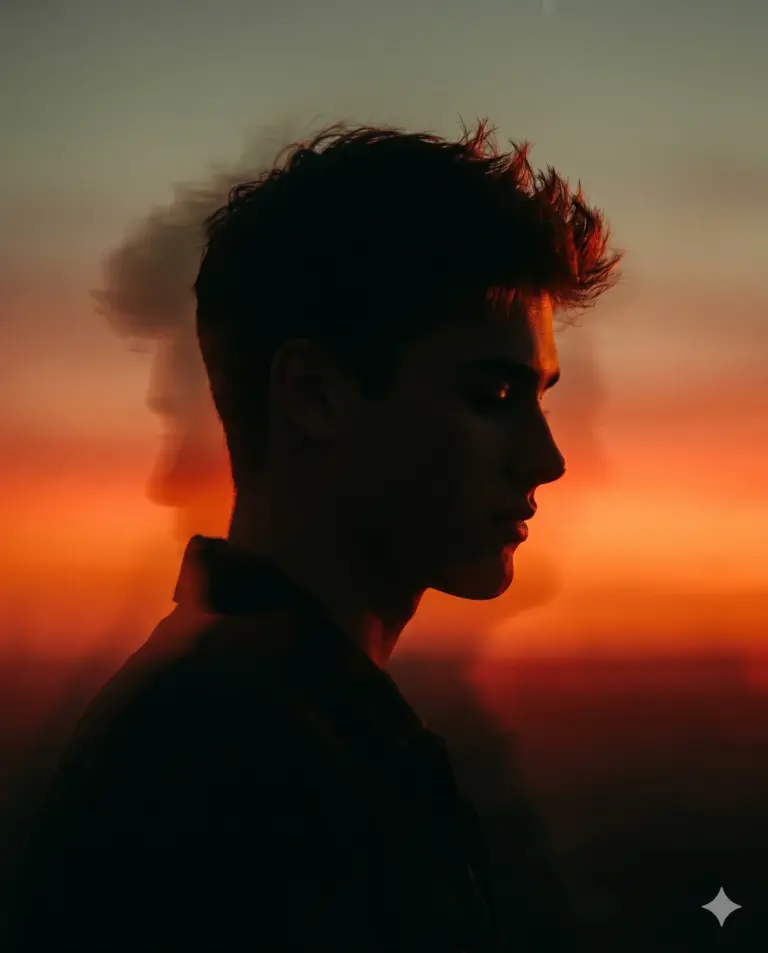 AI generated artistic digital illustration of a young man's silhouette profile with a double-exposure effect against a dramatic orange and red sunset.