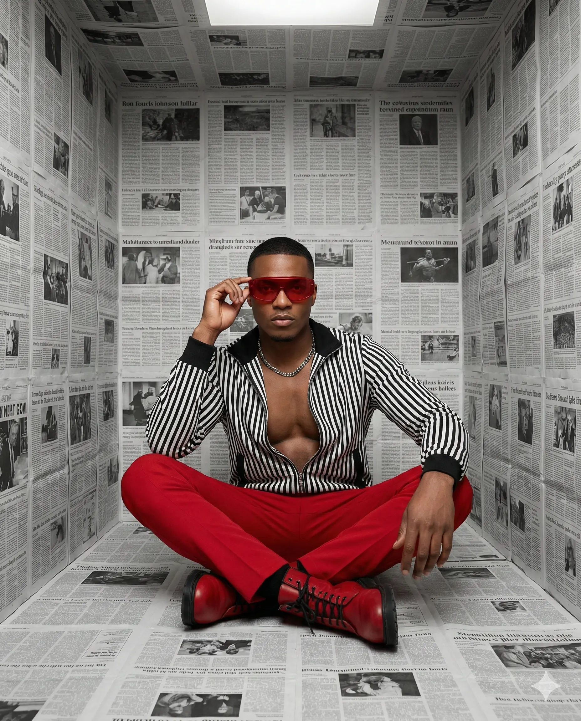 Gemini said Man in a striped jacket and red pants sits in a newspaper-lined room, wearing bold red sunglasses and boots. High-fashion, edgy editorial aesthetic.