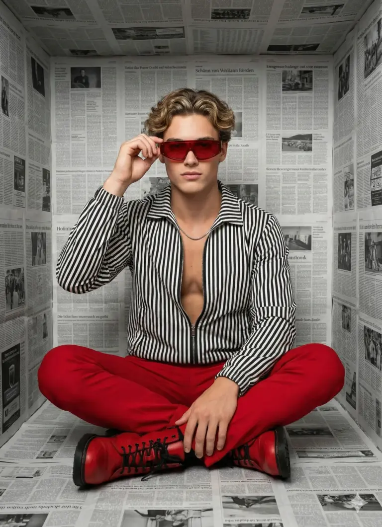 Bold fashion portrait: A blonde man in red shades and a striped jacket sits cross-legged in a newspaper-lined box. Red pants and boots pop against the newsprint background.