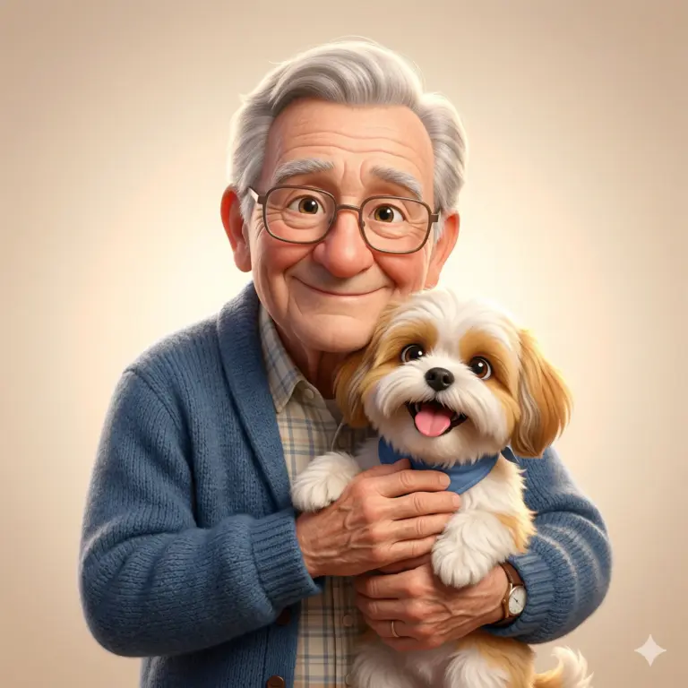 3D Elderly Man with Pet AI Photo Editing Prompt. AI generated digital illustration of a smiling elderly man with glasses wearing a blue cardigan and hugging a happy Shih Tzu dog with a blue bandana.