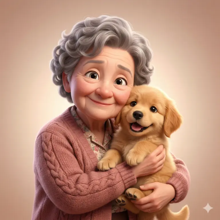 Elderly Woman with Pet AI Photo Editing Prompt. AI generated digital illustration of a smiling elderly woman in a pink cardigan warmly hugging a joyful golden retriever puppy.