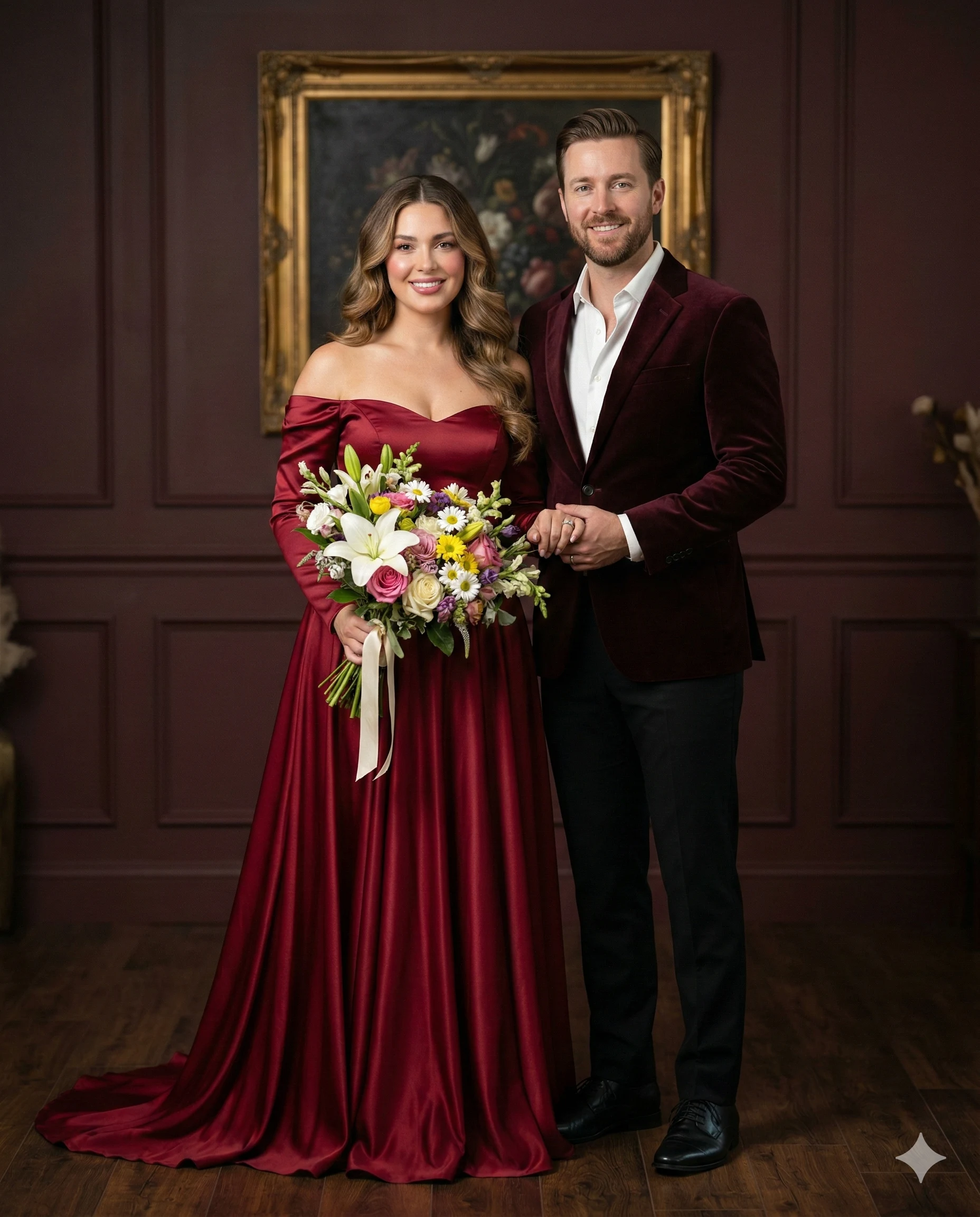 Elegant Couple in Burgundy Attire AI Photo Editing Prompt. AI generated studio portrait of a woman in a red satin gown holding a floral bouquet and a man in a burgundy velvet blazer.