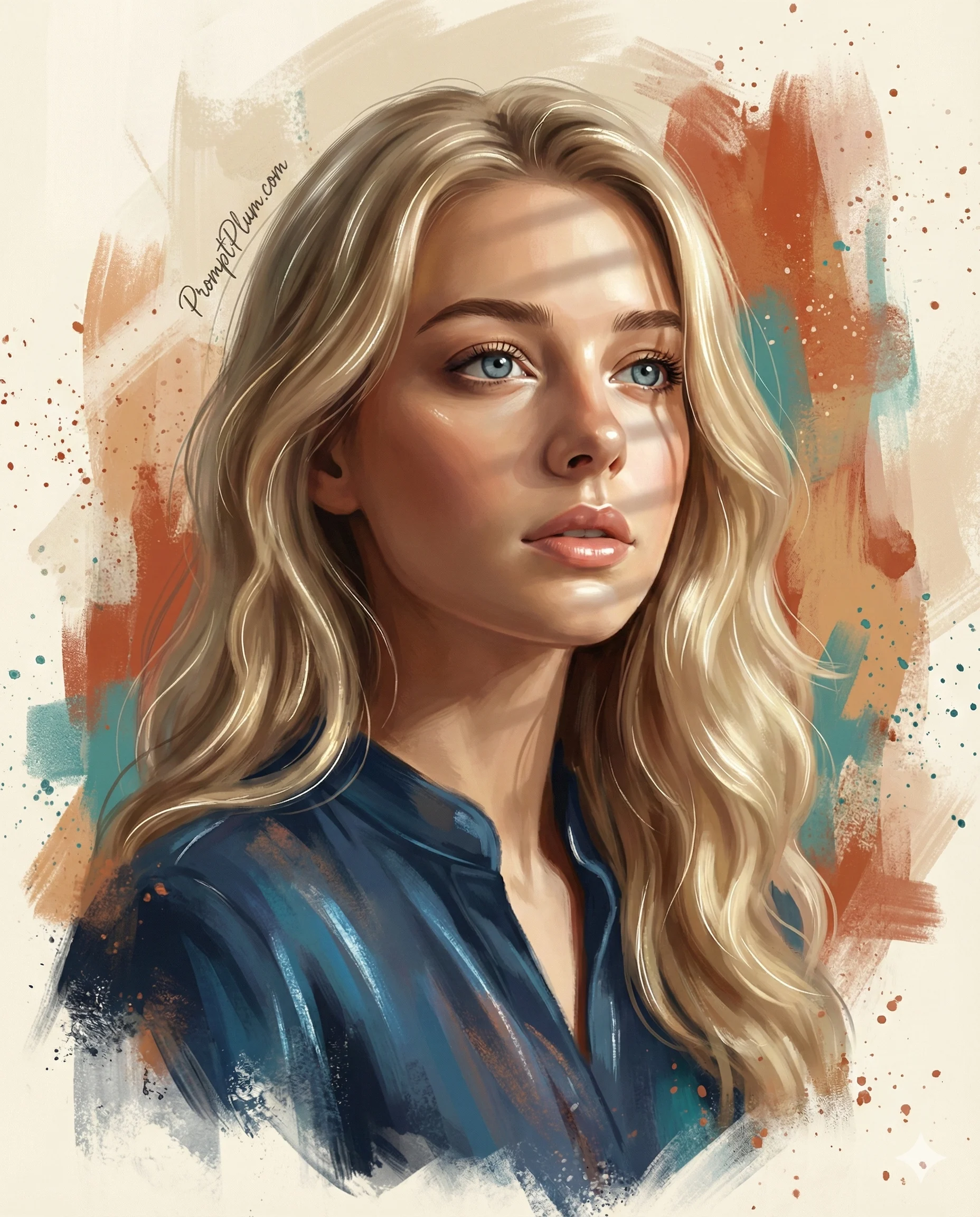 Elegant digital illustration of a blonde woman with blue eyes, featuring Venetian blind shadows on her face and a painterly, textured background with teal and orange accents.