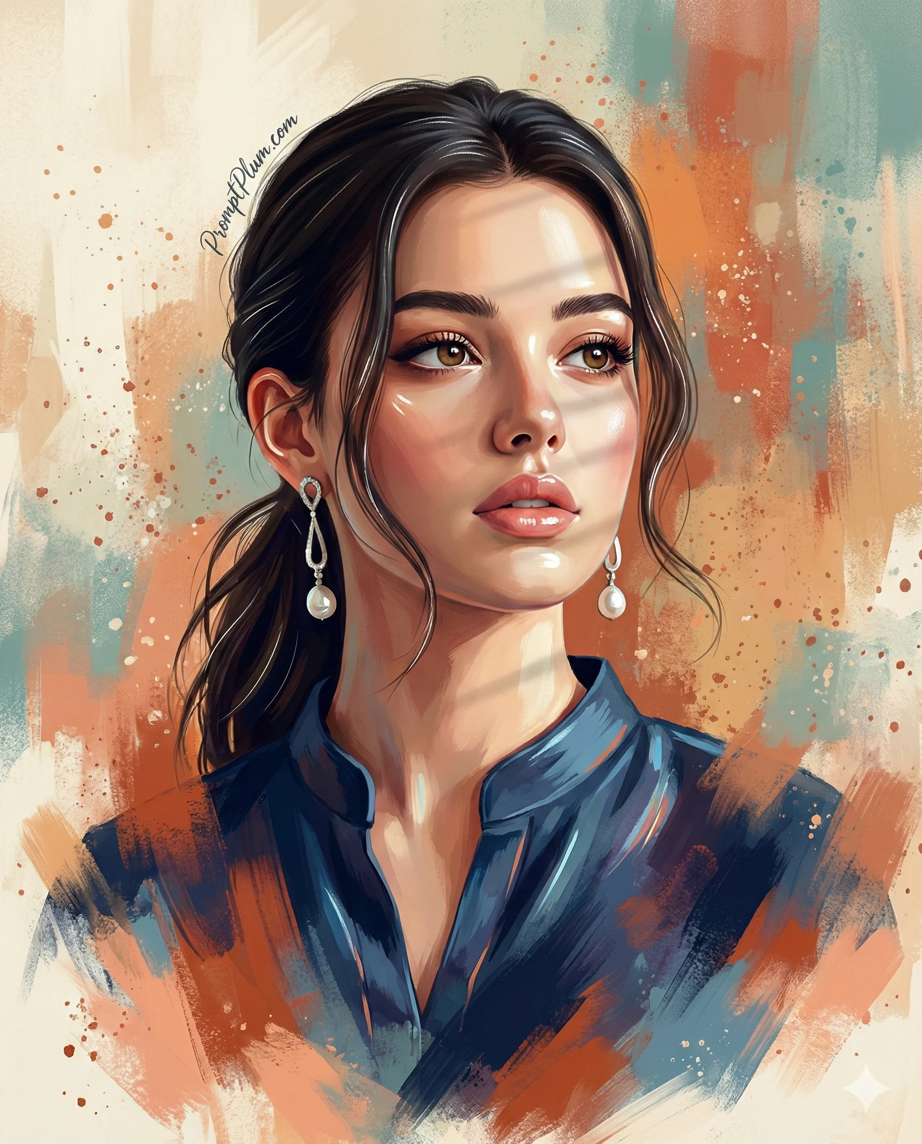 Painterly digital portrait of an elegant woman with pearl earrings, set against vibrant, textured brushstrokes. Soft lighting highlights her features in a cinematic art style.