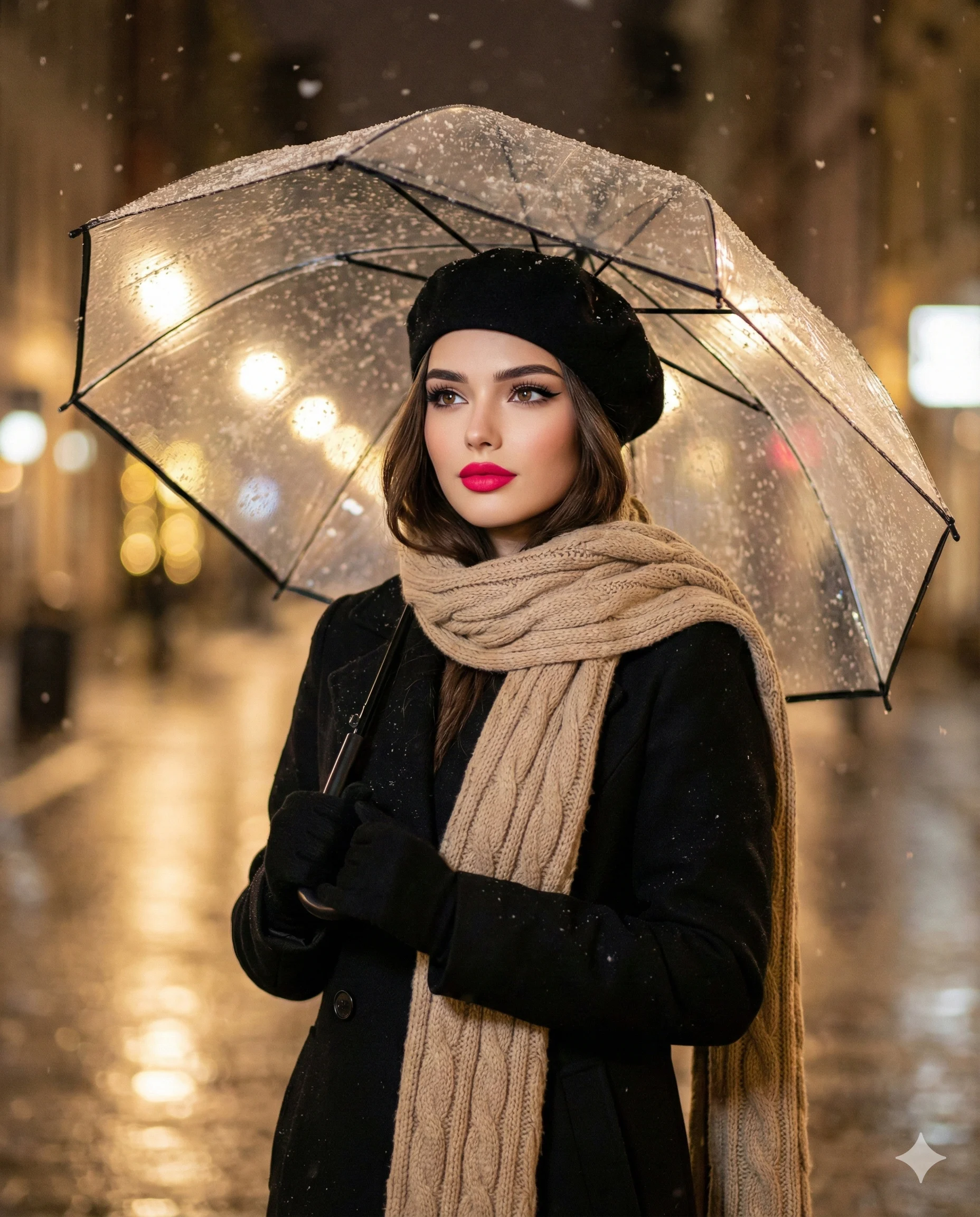 Elegant woman in a black beret and tan scarf holds a clear umbrella on a snowy night. Warm golden bokeh lights and falling snow create a dreamy winter scene.