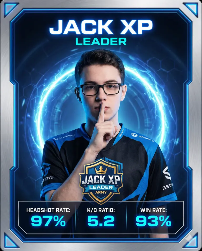 Esports Profile Card Prompt. AI generated digital illustration of a young gamer with glasses making a shushing gesture on a futuristic blue player card with high-performance gaming stats.
