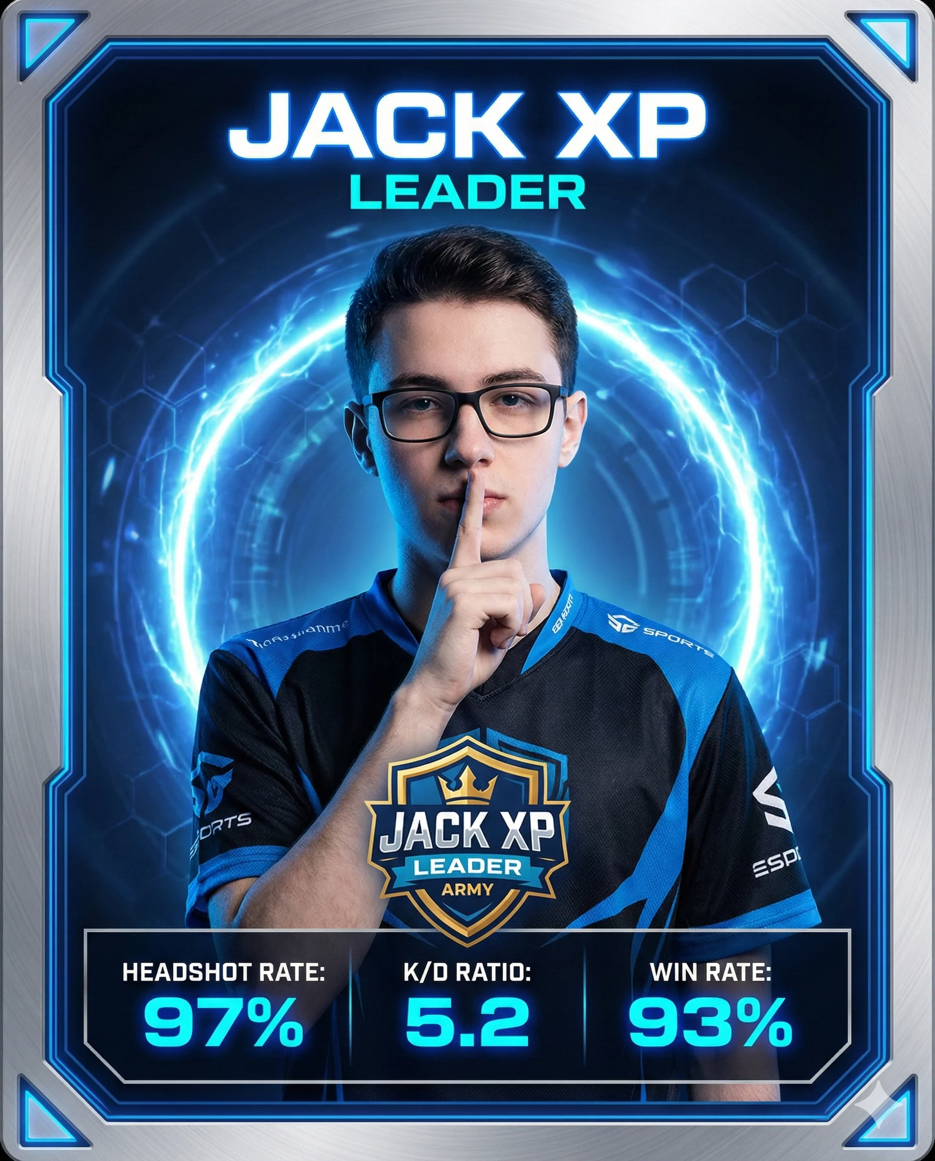 Esports Profile Card Prompt. AI generated digital illustration of a young gamer with glasses making a shushing gesture on a futuristic blue player card with high-performance gaming stats.