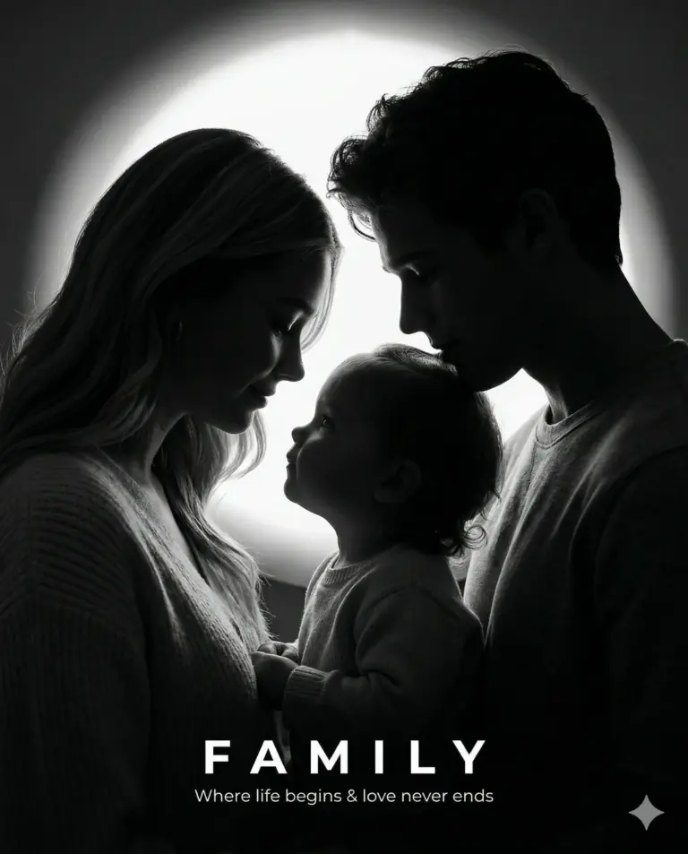 Family Silhouette with Quote AI Photo Editing Prompt. AI generated minimalist studio portrait of a mother, father, and child in silhouette looking at each other against a soft circular backlight.