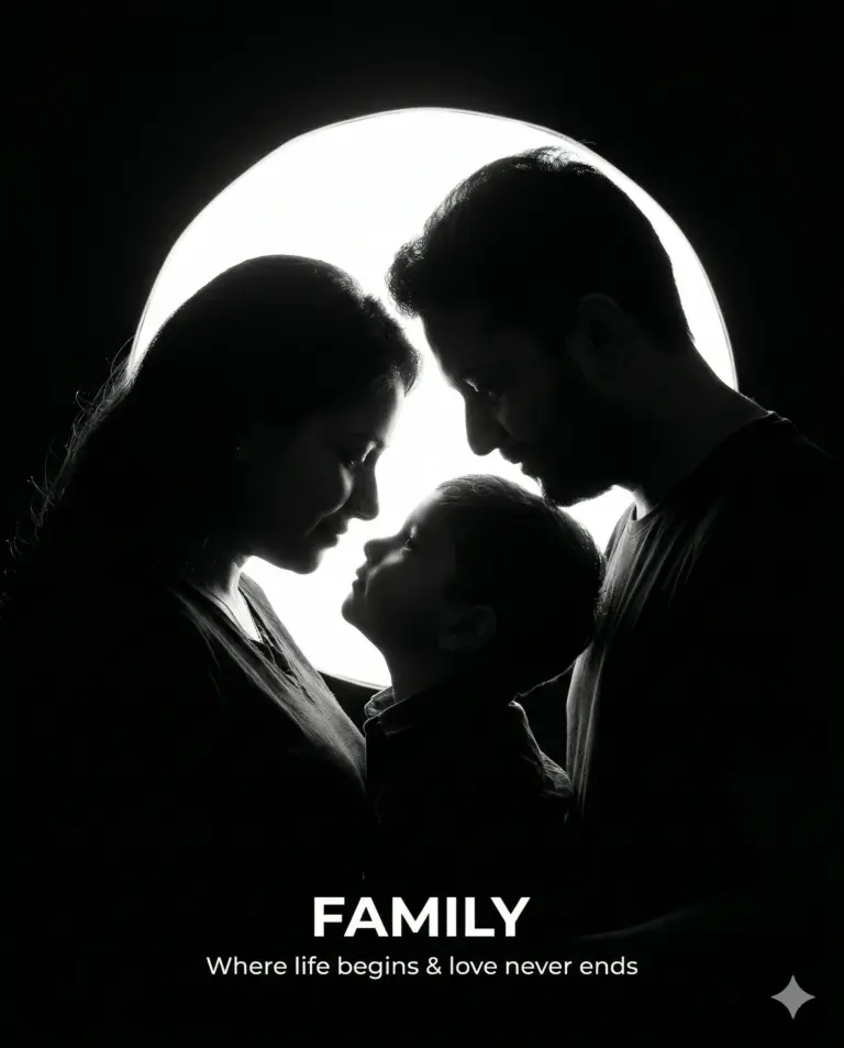 AI generated digital silhouette portrait of a father, mother, and young child facing each other against a bright circular glow with a sentimental quote.