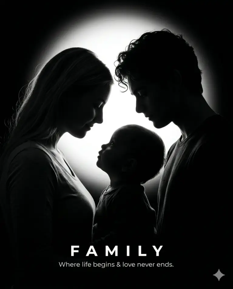 Silhouette Family Portrait AI Photo Editing Prompt. AI generated artistic silhouette portrait of a father, mother, and baby looking at each other against a glowing circular light.