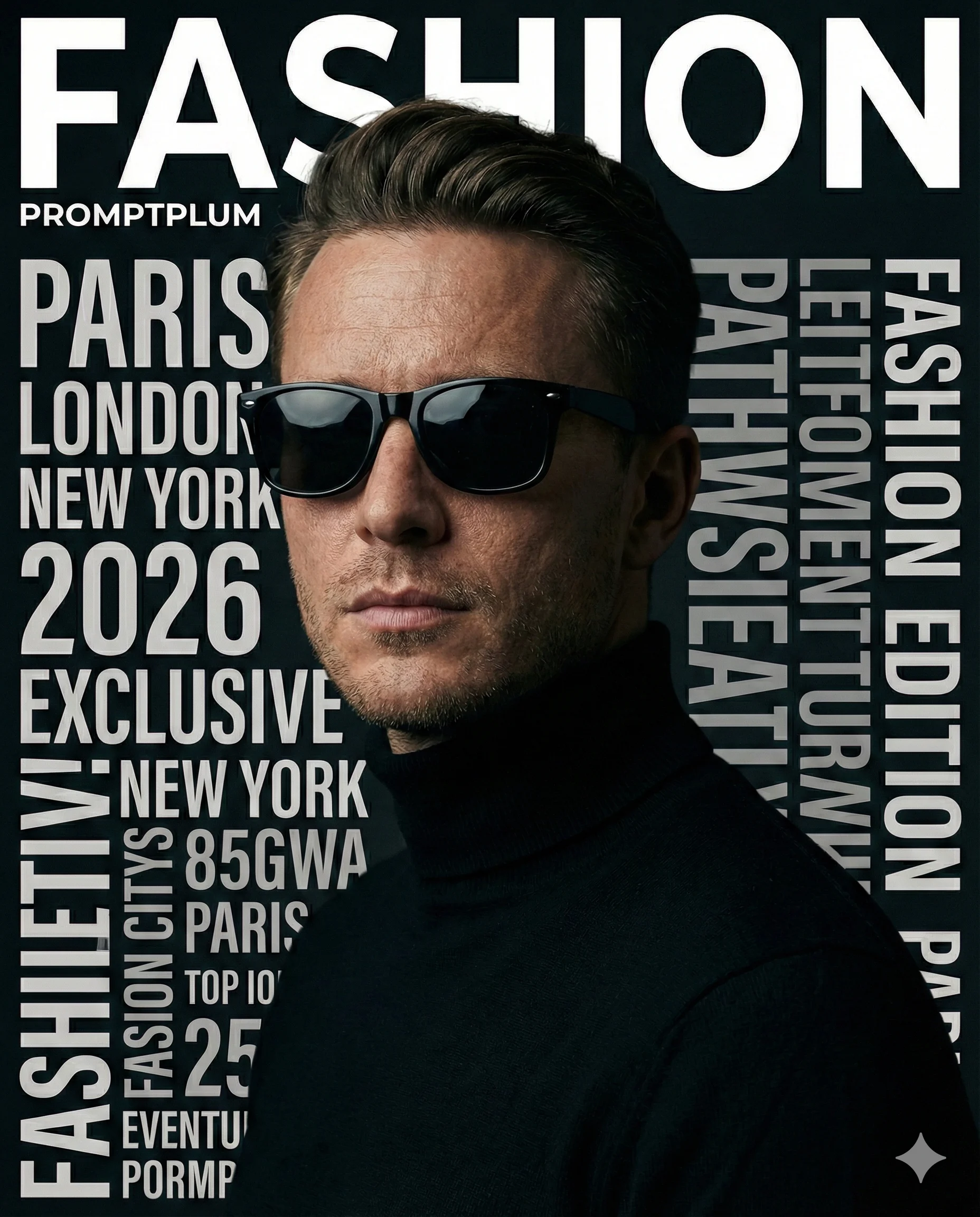 Fashion Magazine Cover AI Prompt. AI generated high-fashion portrait of a man wearing black sunglasses and a turtleneck, set against a dark background with bold white typography and PromptPlum branding.