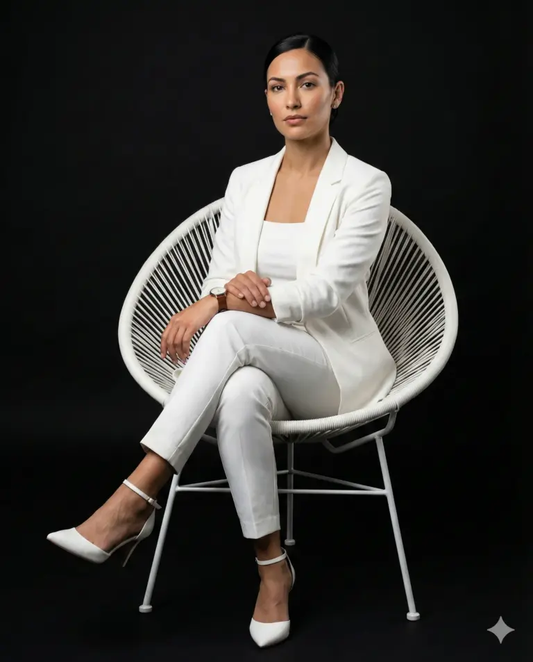 Elegant woman in an all-white power suit and heels, seated in a white wired chair against a stark black background. High-contrast professional portrait.