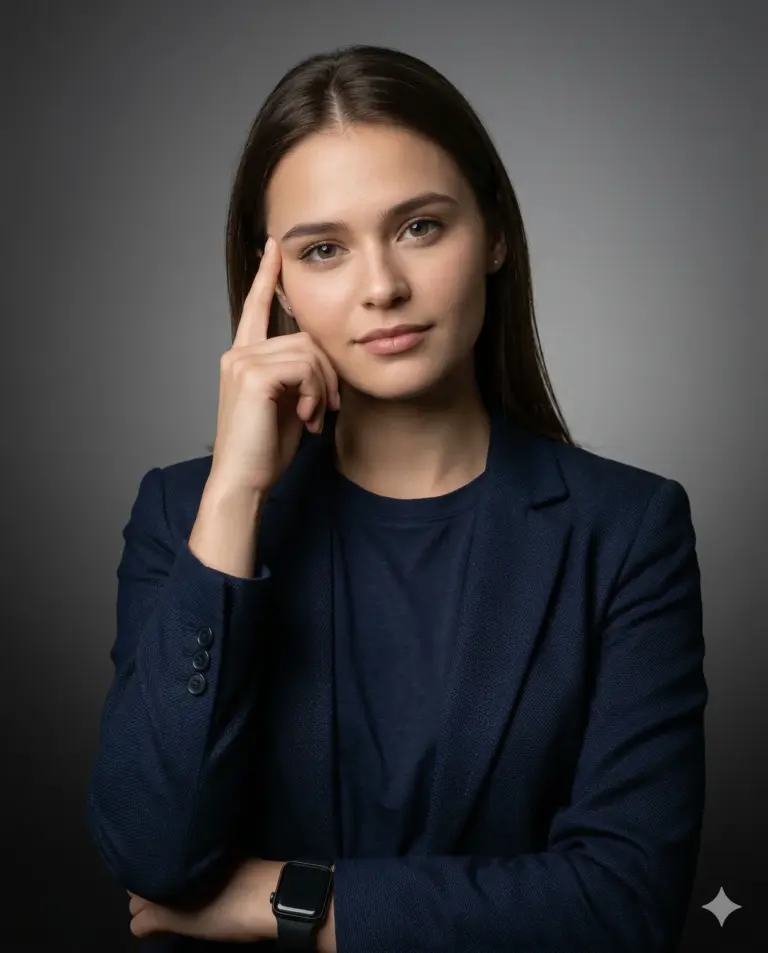 Female Professional LinkedIn Profile Picture Prompt. AI generated studio portrait of a young woman wearing a smartwatch and blazer posing thoughtfully against a grey background.