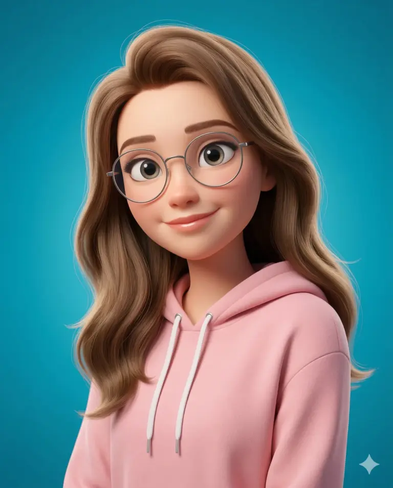 Animated Girl in Pink Hoodie on a Blue Background AI Prompt. AI generated 3D digital illustration of a young woman with wavy brown hair and round glasses wearing a pink hoodie.