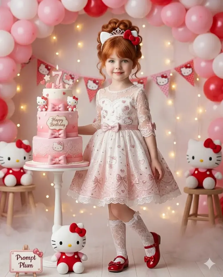 7th Birthday Girl Hello Kitty Theme AI Photo Editing Prompt. AI generated digital portrait of a young redhead girl in a lace dress standing beside a pink three-tier cake surrounded by balloons and Hello Kitty plushies.