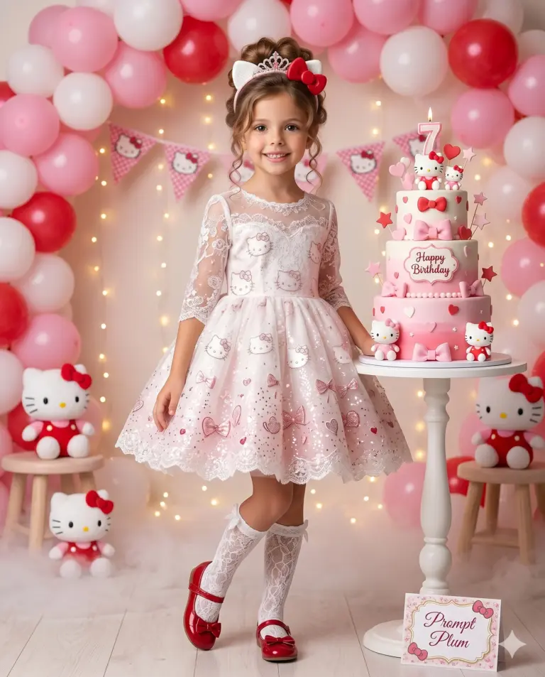 Girl's 7th Birthday Hello Kitty Theme Photography Prompt. AI generated digital portrait of a smiling girl in a pink lace dress standing beside a three-tier cake with festive balloons and Hello Kitty decor.