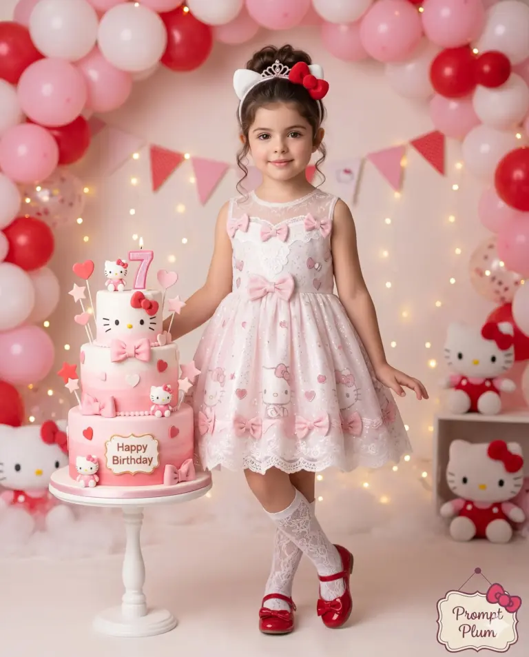 AI generated digital portrait of a young girl in a pink lace dress standing beside a three-tier Hello Kitty cake and festive balloons.