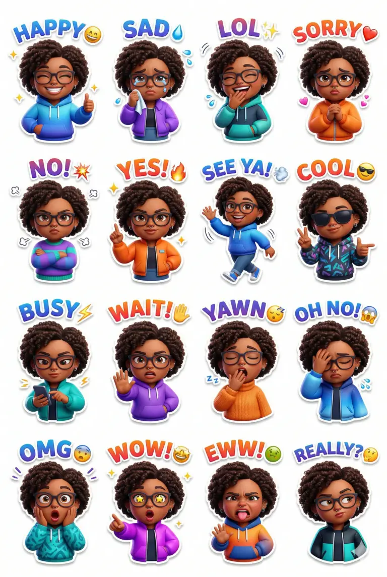 AI generated 3D digital illustration of a curly-haired girl with glasses showcasing sixteen unique facial expressions in a sticker pack layout.