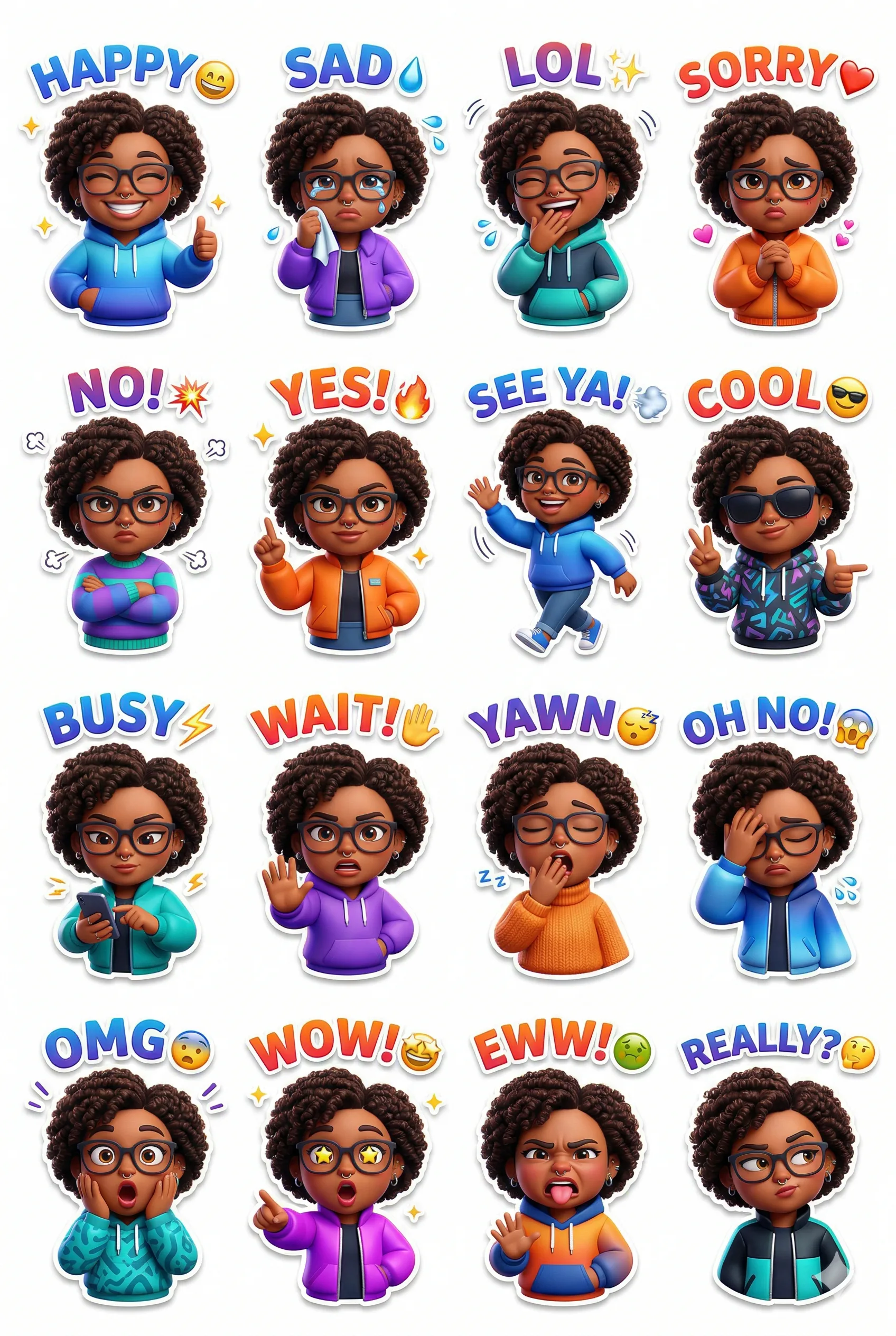AI generated 3D digital illustration of a curly-haired girl with glasses showcasing sixteen unique facial expressions in a sticker pack layout.