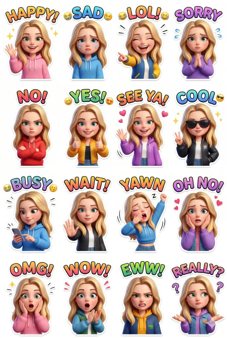 Emotion Sticker Pack Generation Prompt. AI generated digital illustration of a blonde girl character expressing sixteen diverse emotions in a stylized 3D sticker collection with colorful text labels.