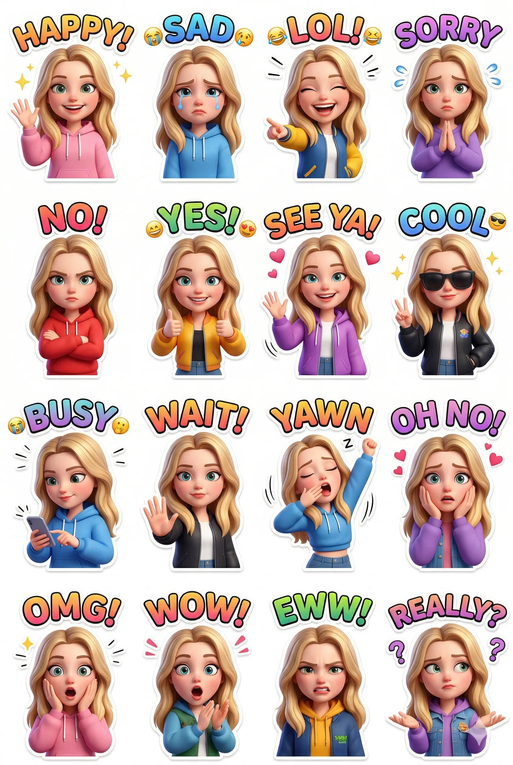 Emotion Sticker Pack Generation Prompt. AI generated digital illustration of a blonde girl character expressing sixteen diverse emotions in a stylized 3D sticker collection with colorful text labels.