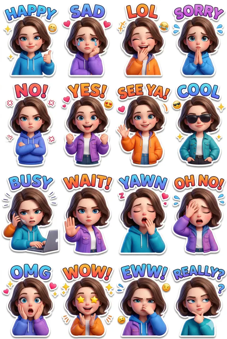 Cartoon Girl Expression Sticker Sheet AI Photo Editing Prompt. AI generated digital illustration of a young girl with short brown hair in 16 different sticker poses displaying various emotions and reaction text.