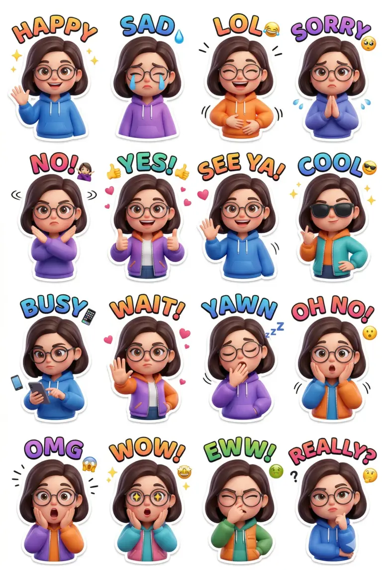 3D Girl Emotion Sticker Pack Prompt. AI generated 3D digital illustration of a sticker sheet featuring a cartoon girl with glasses displaying sixteen diverse facial expressions and moods with text labels.