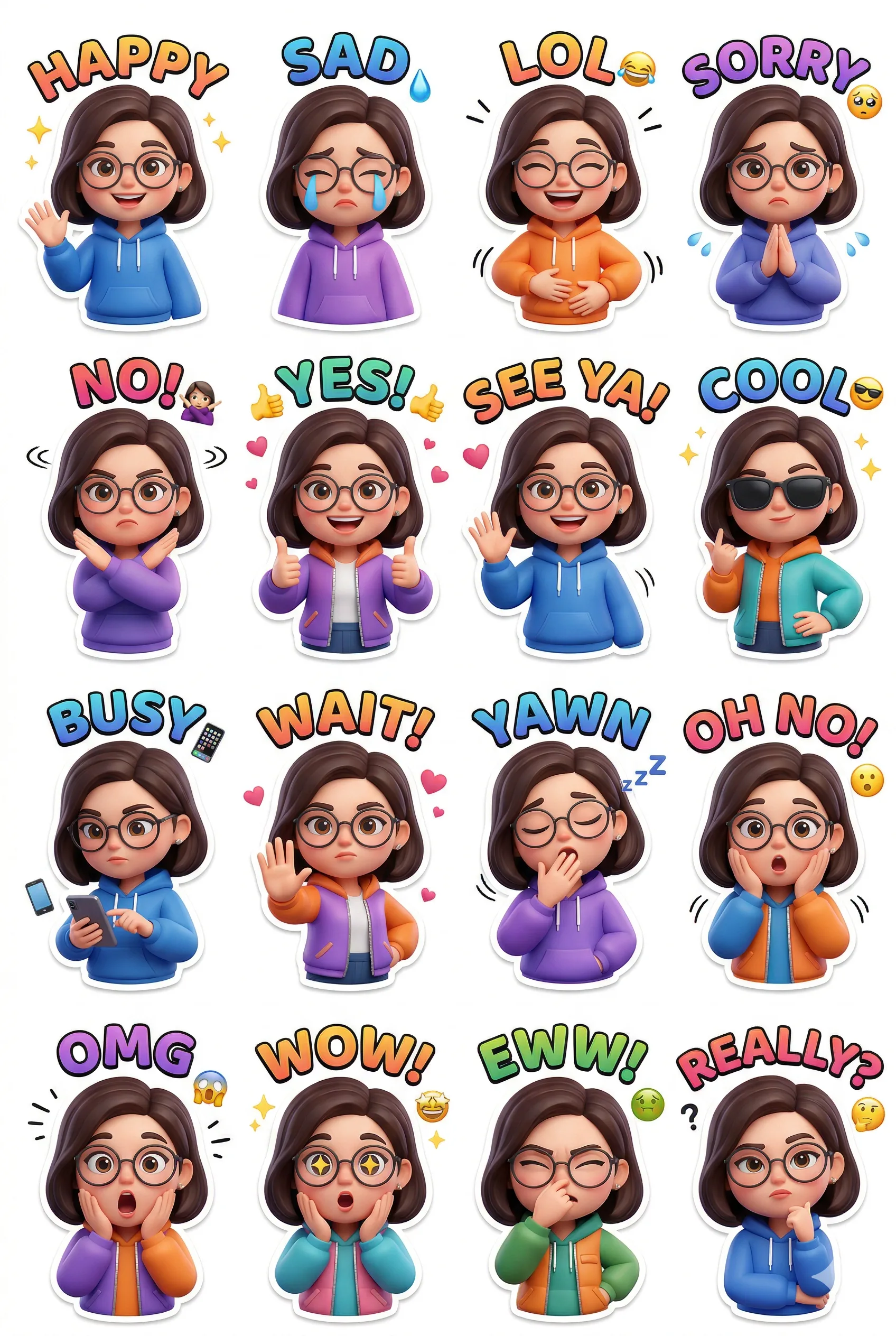 3D Girl Emotion Sticker Pack Prompt. AI generated 3D digital illustration of a sticker sheet featuring a cartoon girl with glasses displaying sixteen diverse facial expressions and moods with text labels.