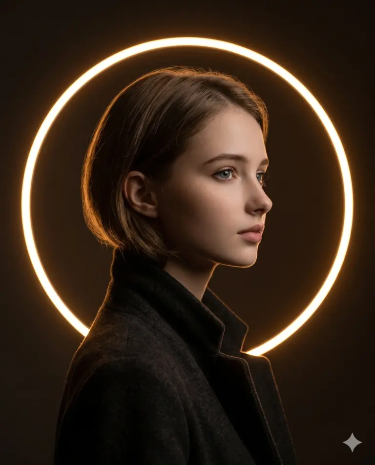 Woman with Glowing Halo Ring AI Photo Editing Prompt. AI generated cinematic studio portrait of a young woman in profile wearing a dark coat with a bright orange ring light background.
