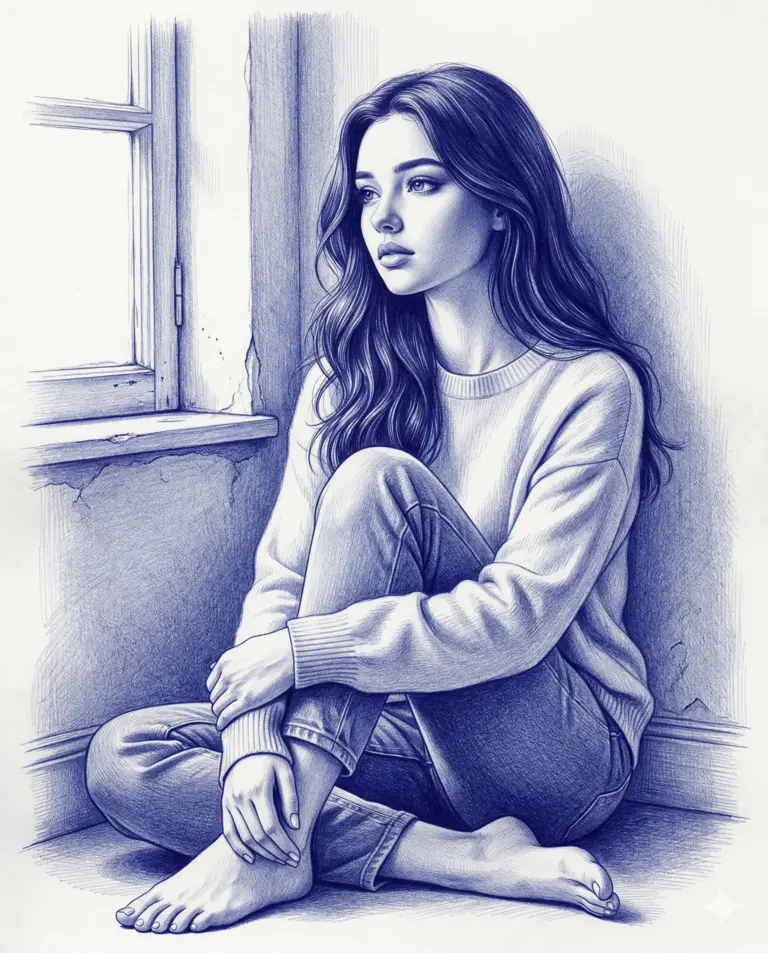 Girl Sitting by Window AI Photo Editing Prompt. AI generated blue ink sketch illustration of a young woman sitting barefoot on the floor and gazing thoughtfully out of a window.